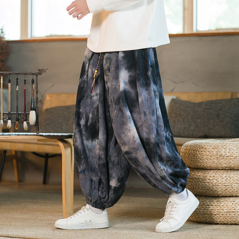 Ink Tie-dye Braided Drawstring Corduroy Cotton Men's Harem Pants With Pockets