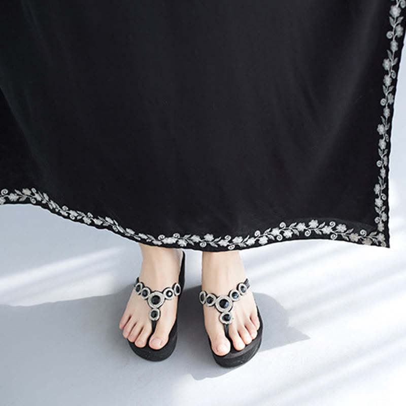 Summer Embroidery Flower V-Neck Short Sleeve Maxi Dress