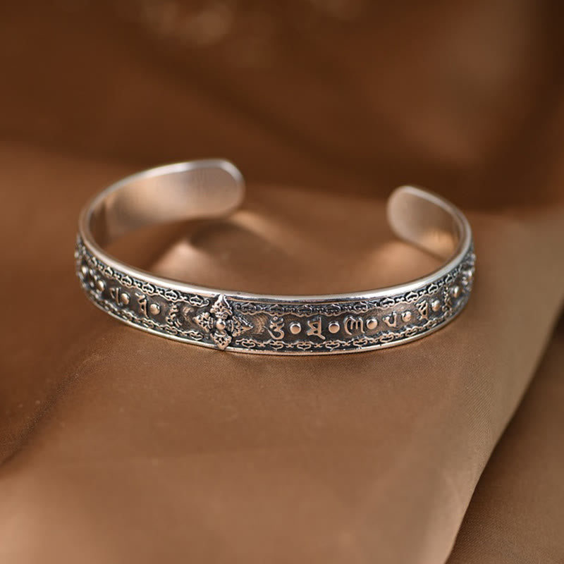 925 Sterling Silver Om Mani Padme Hum Double Dorje Engraved Wisdom Cuff Bracelet Bangle