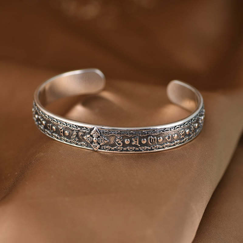 925 Sterling Silver Om Mani Padme Hum Double Dorje Engraved Wisdom Cuff Bracelet Bangle