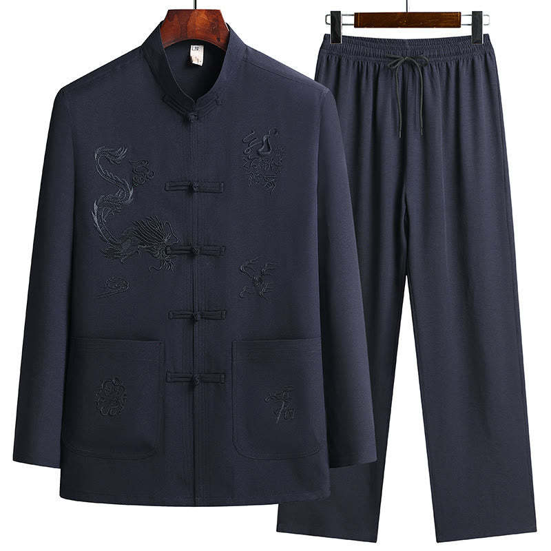 Chinese New Year Embroidered Dragon Frog-button Tang Suit Hanfu Long Sleeve Top Pants Clothing Men's Set