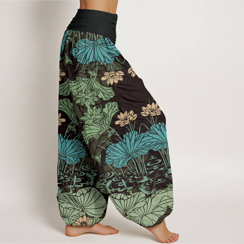 Lotus Leaves Flowers Design Women's Elastic Waist Harem Pants