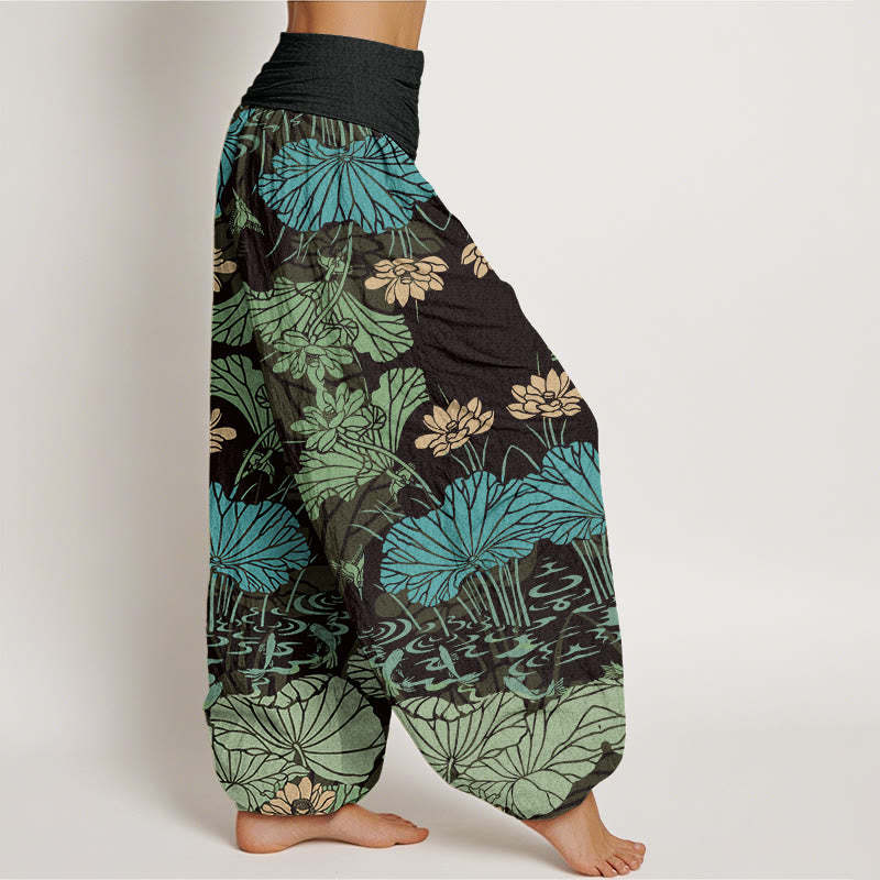 Lotus Leaves Flowers Design Women's Elastic Waist Harem Pants