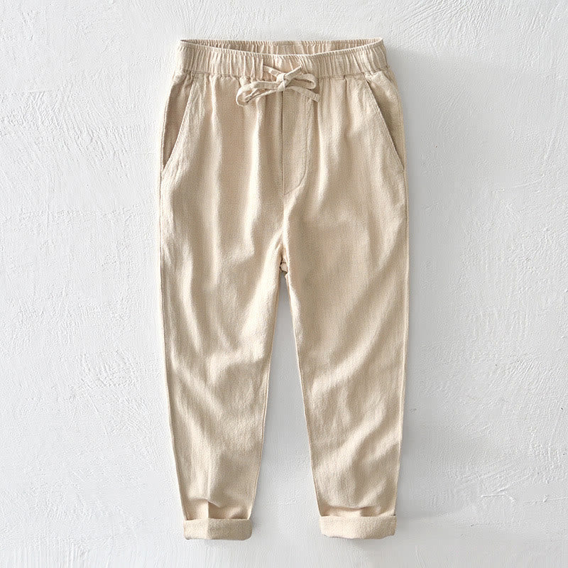 Casual Solid Color Simple Design Drawstring Ramie Linen Men's Pants With Pockets