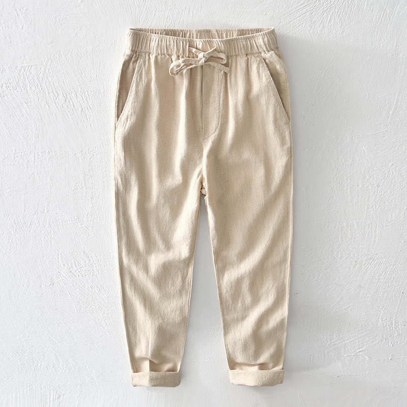 Casual Solid Color Simple Design Drawstring Ramie Linen Men's Pants With Pockets
