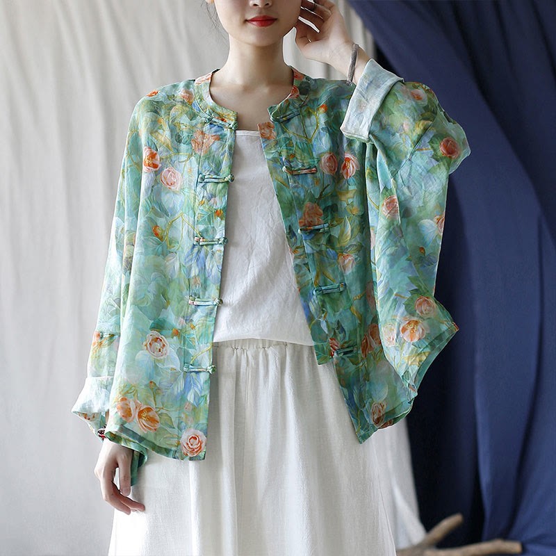 Pink Flowers Green Leaves Print Frog-button Design Long Sleeve Ramie Linen Jacket Shirt
