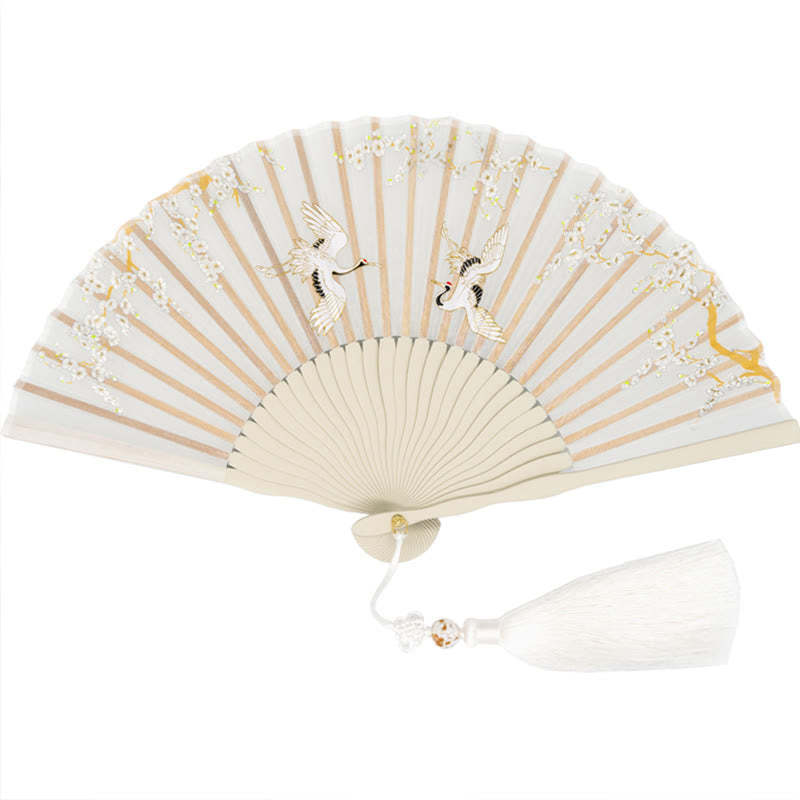 Crane Plum Blossom Handheld Silk Bamboo Folding Fan