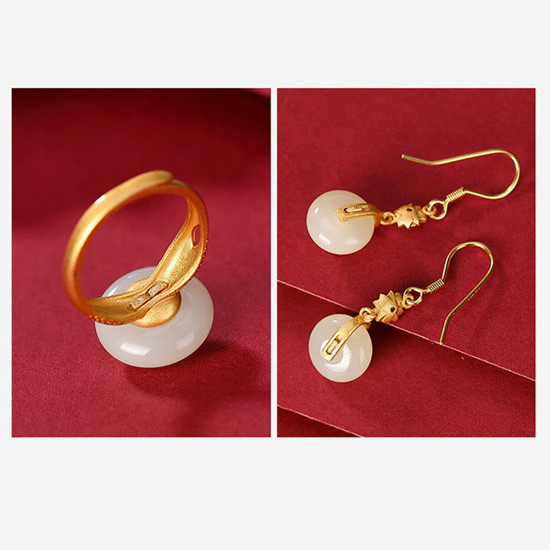 925 Sterling Silver Plated Gold Hetian Jade Lotus Luck Ring Earrings Set