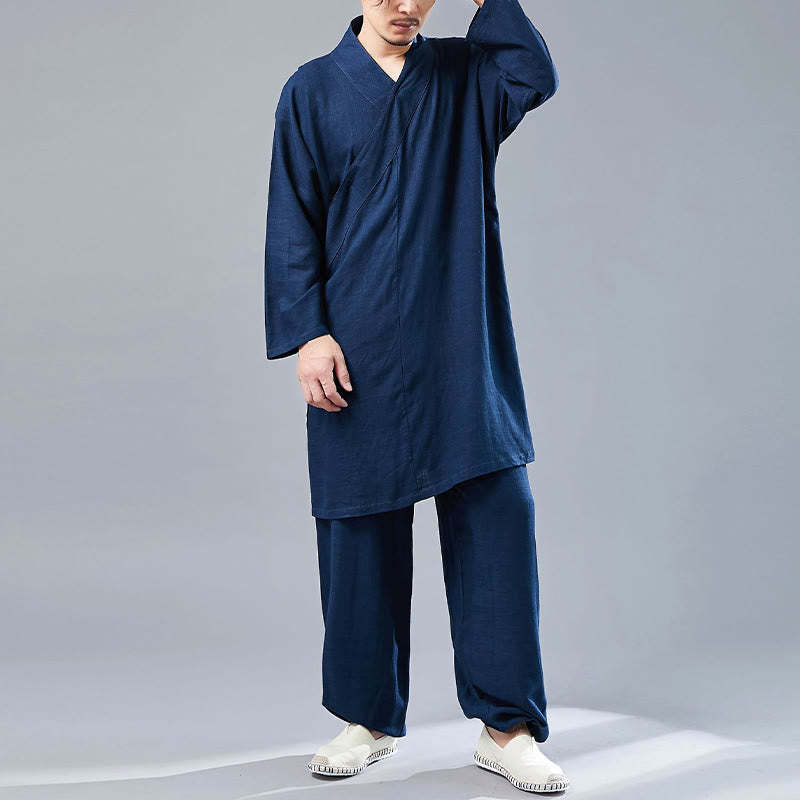 2Pcs V-Neck Men's Long Sleeve Shirt Top Pants Meditation Zen Tai Chi Cotton Linen Clothing Set