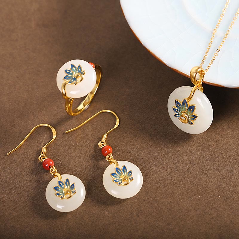 925 Sterling Silver Natural Hetian White Jade Peacock Blessing Necklace Pendant Ring Earrings Set