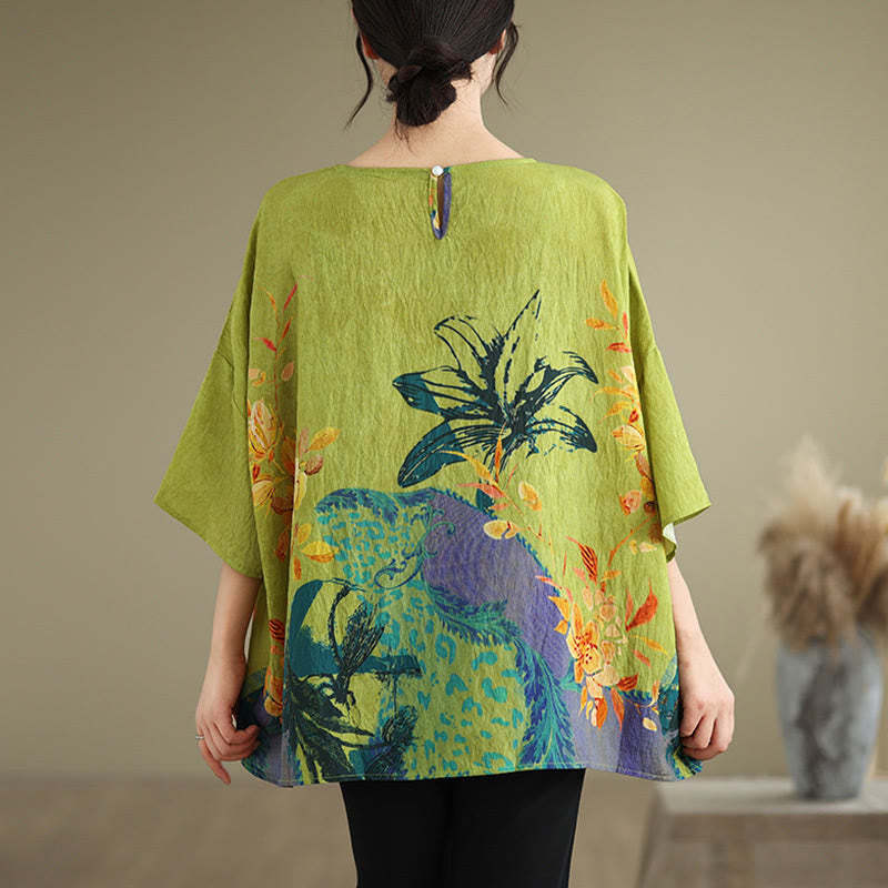 Yellow Green Flowers Three Quarter Sleeve Linen T-shirt Tee