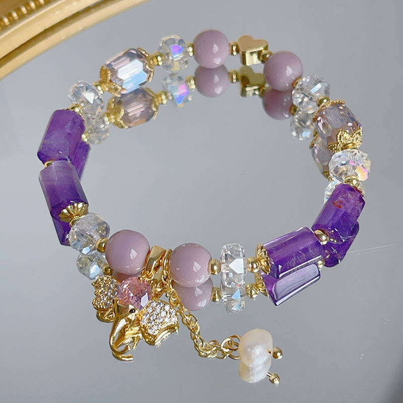 Amethyst Green Aventurine Strawberry Quartz Positive Elephant Charm Bracelet