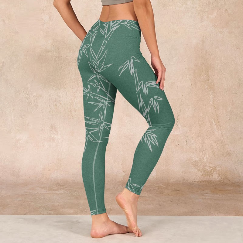 Green White Bamboo Leaves Print Gym Leggings Women's Yoga Pants