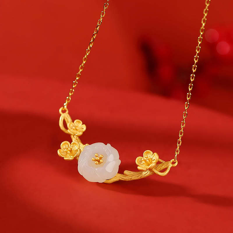925 Sterling Silver Plated Gold Hetian Jade  Plum Blossom Luck Necklace Pendant Bracelet Bangle Ring