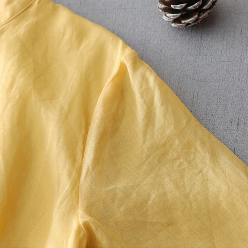 Solid Color Frog-Button Three Quarter Sleeve Double Layer Cotton Linen Shirt