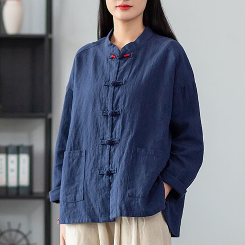 Solid Color Frog-button Long Sleeve Linen Women's Shirts With Pockets