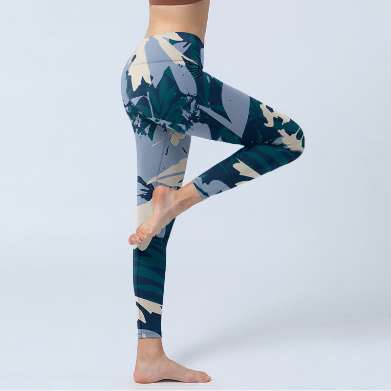 Blue Plant Leaves Print Gym Leggings Women's Yoga Pants