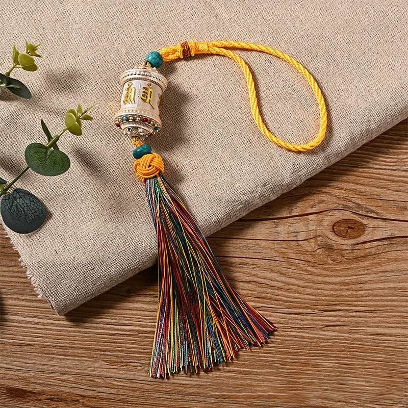Tibet Om Mani Padme Hum Prayer Wheel Colorful Tassels Bag Car Hanging Decoration