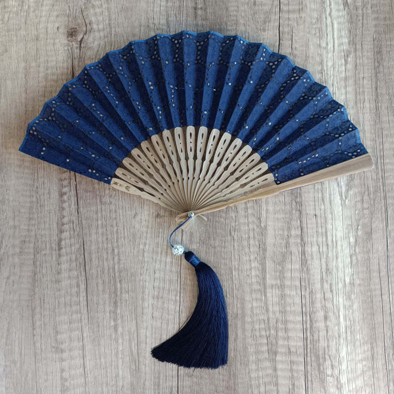 Solid Color Hollow Flowers Embroidery Cotton Fabric Handheld Bamboo Folding Fan