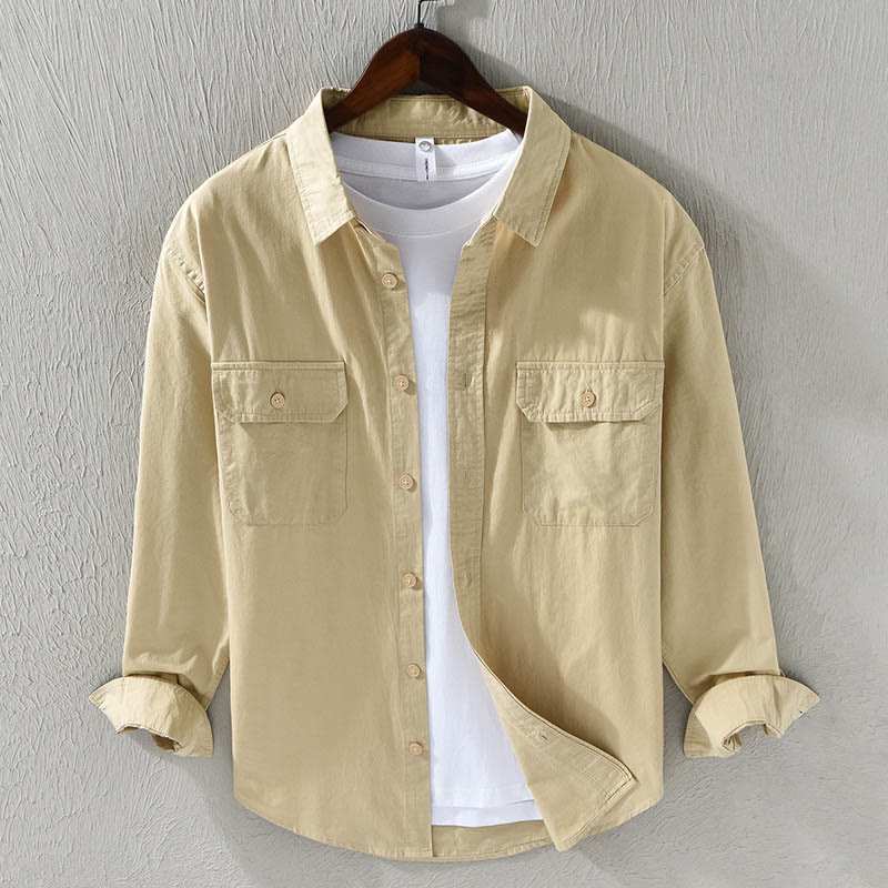 Men's Long Sleeve Turn-down Collar With Pocket Pure Color Casual Cotton Shirt
