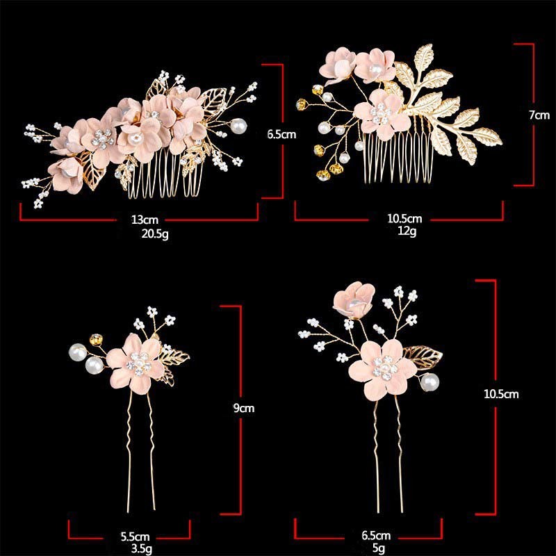 4Pcs Handmade Wedding Golden Leaf Flower Pearl Hairpin Hair Comb Set