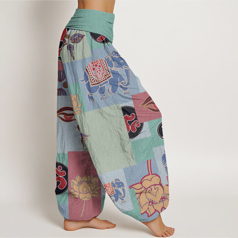 Casual Elephant Lotus mystic zen's Eye Collage Pattern Women's Elastic Waist Harem Pants