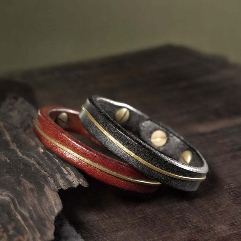 Vintage Leather Copper Brass Wire Healing Bangle Bracelet