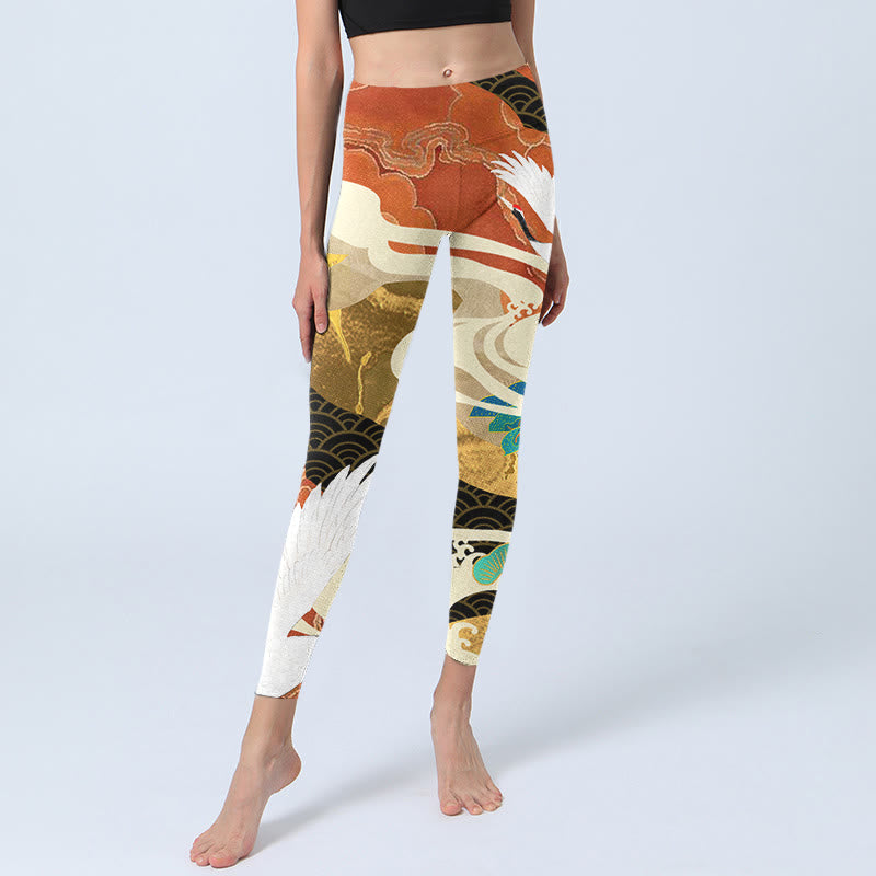 Red-crowned Crane Auspicious Clouds Pine Tree Print Gym Leggings Women's Yoga Pants