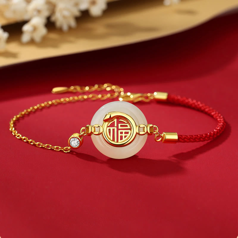 925 Sterling Silver Hetian Jade Peace Buckle Fu Character Year Of Snake Red String Protection Braided Bracelet