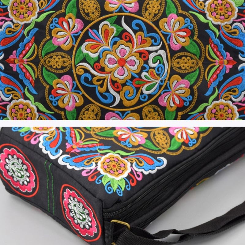 Galsang Inula Flower Peony Peacock Double-Sided Embroidery Canvas Shopping Purse Handbag Crossbody Bag