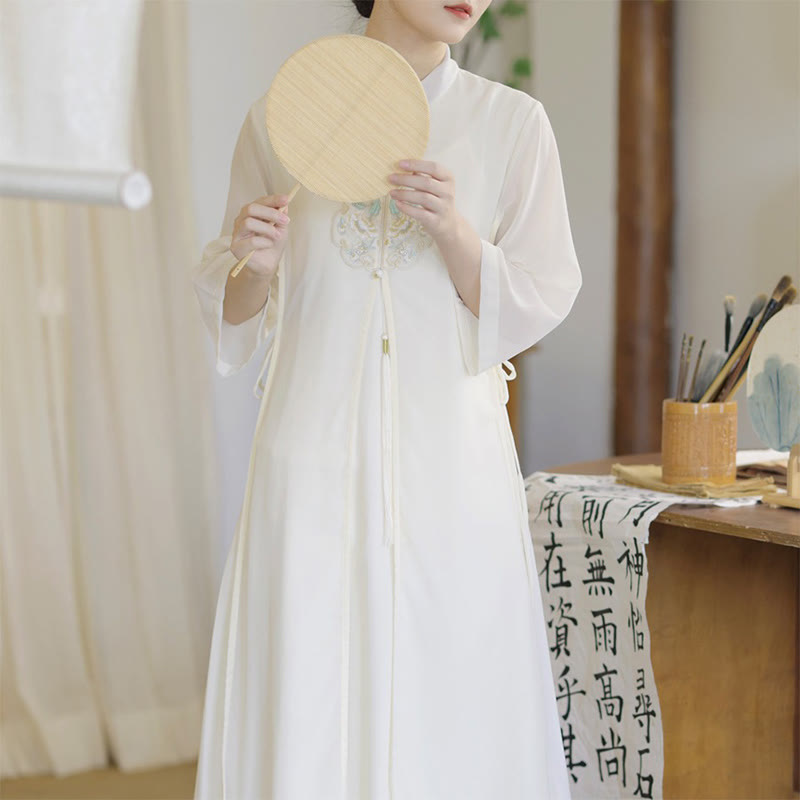 Embroidery Chiffon Cheongsam Midi Dress Wide Leg Pants Meditation Zen Practice Clothing
