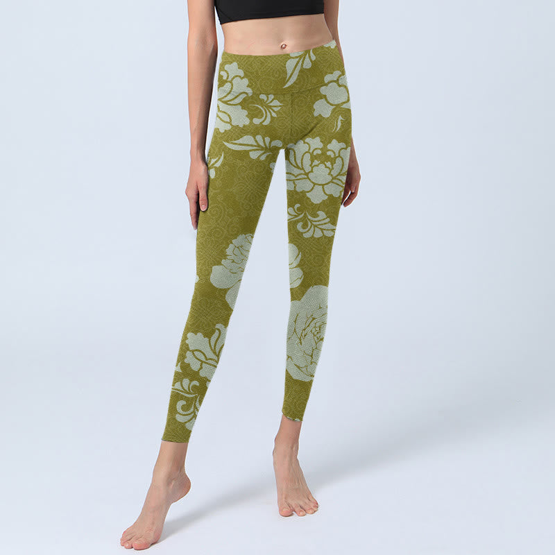 Monochrome Flowers Print Gym Leggings Women's Yoga Pants
