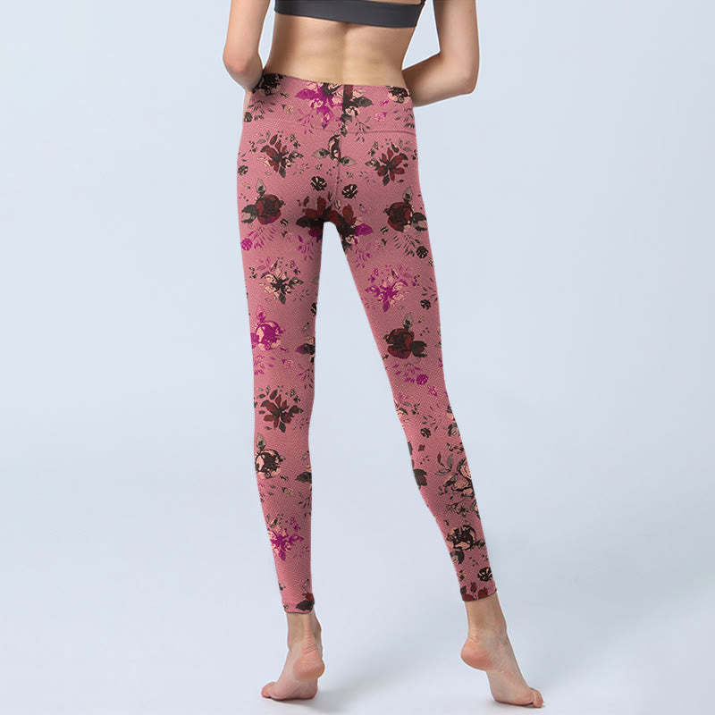 Red Roses Pink Leaves Print Sports Fitness Leggings Women's Yoga Pants
