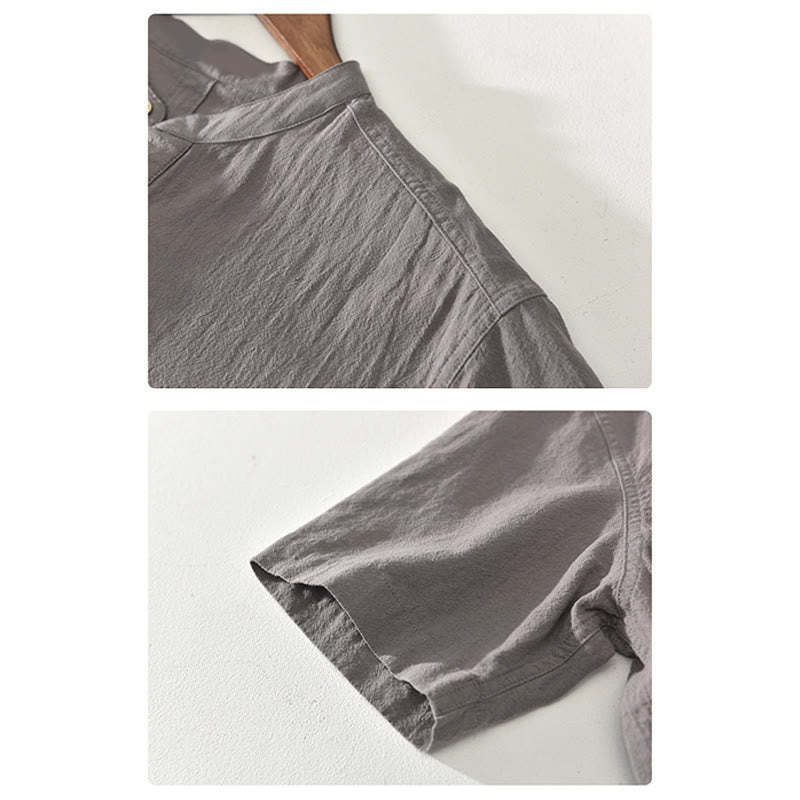 Solid Color Short Sleeve Half Button Shirt Cotton Linen Men Clothing