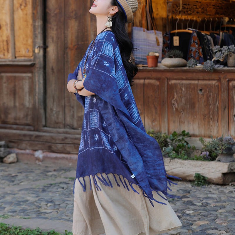 Blue Color Block Plaid Shawl Tassels Soft Pullover 90*95cm