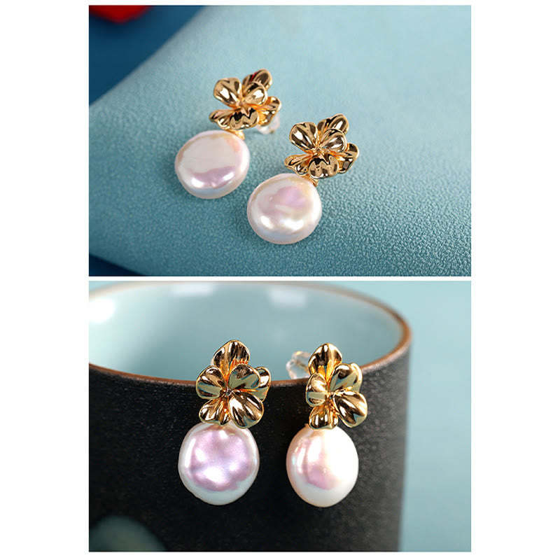 925 Sterling Silver Natural Baroque Pearl Flower Healing Drop Earrings