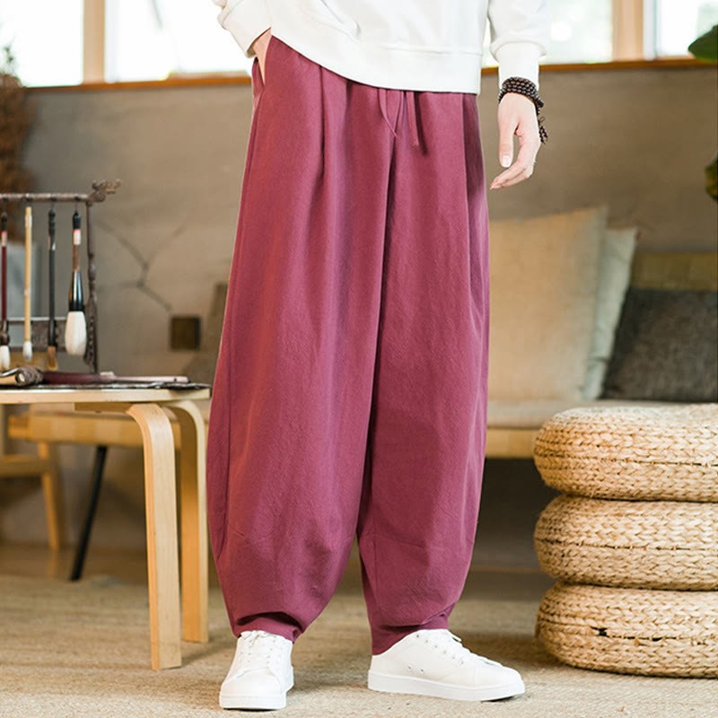 Solid Color Cotton Linen Drawstring Men's Harem Pants With Pockets