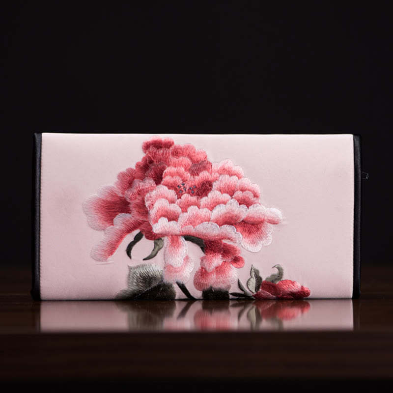 Peony Flower Su Embroidery Journey Shopping Long Purse Handbag