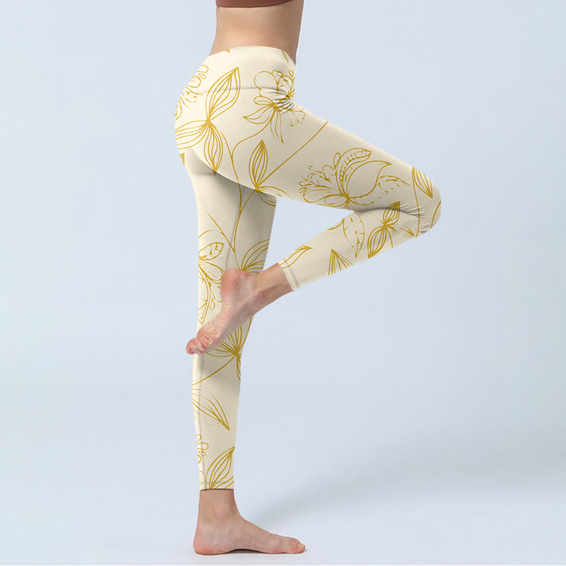 Beige Flower Vine Print Gym Leggings Women's Yoga Pants