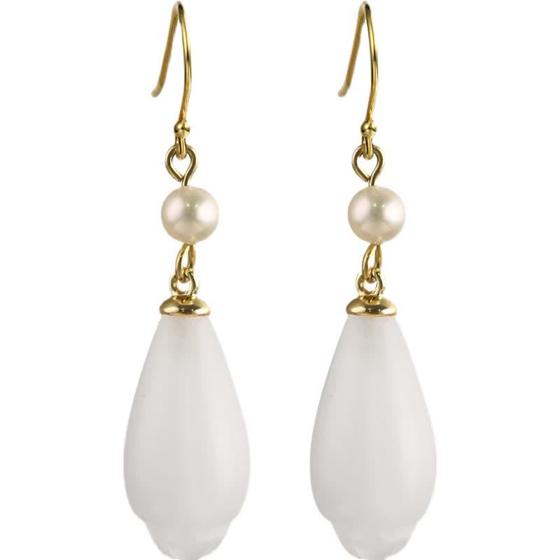 925 Sterling Silver White Jade Magnolia Flower Happiness Drop Earrings