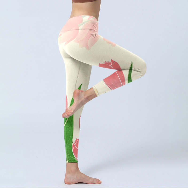 Pink Tulip Flower Print Gym Fitness Leggings Women's Yoga Pants