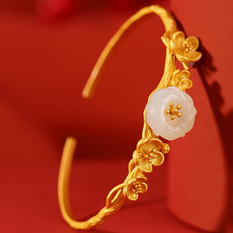 925 Sterling Silver Plated Gold Hetian Jade  Plum Blossom Luck Necklace Pendant Bracelet Bangle Ring