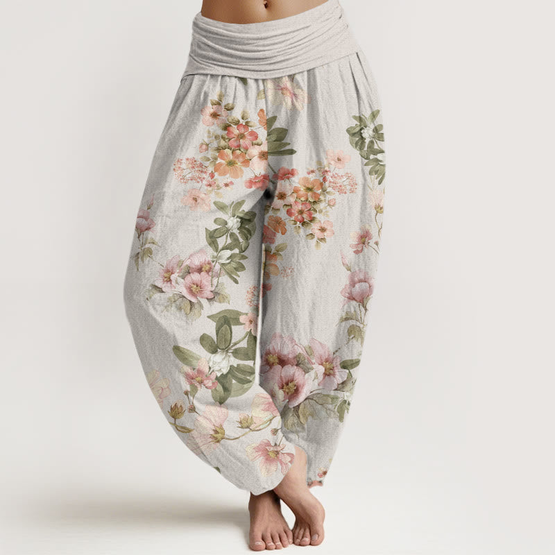 Pink Pale Orange Flowers Design Women's Elastic Waist Harem Pants