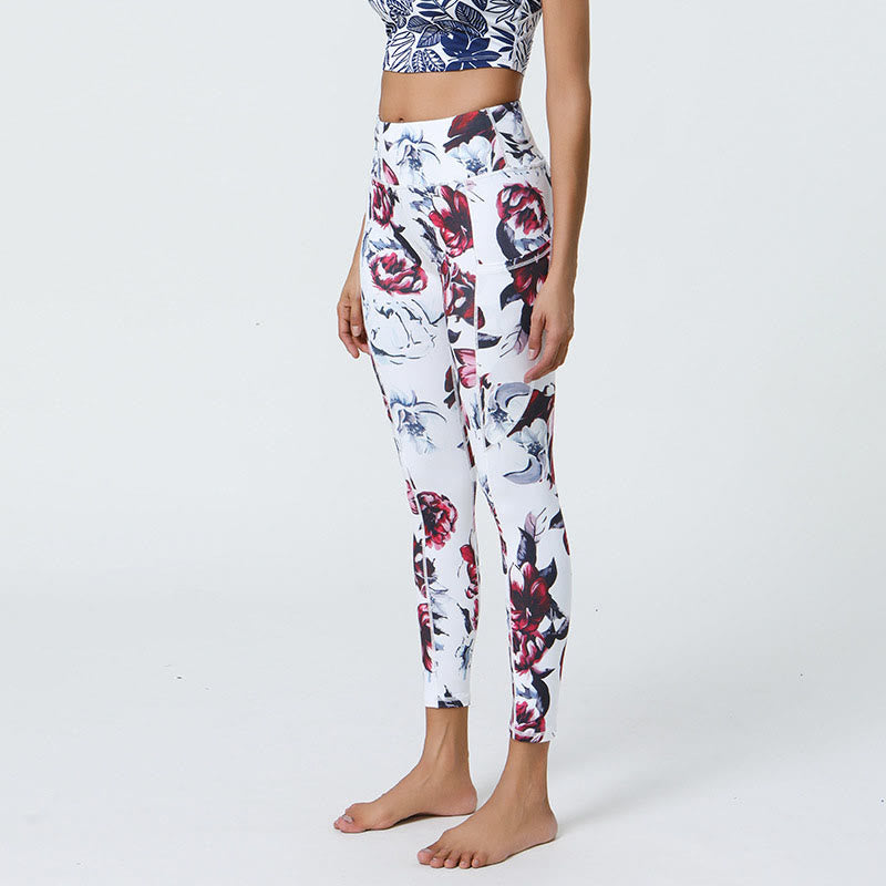 Rose Lines Tiger Leopard Print Sports Fitness High Waist Leggings Women's Yoga Pants With Pockets