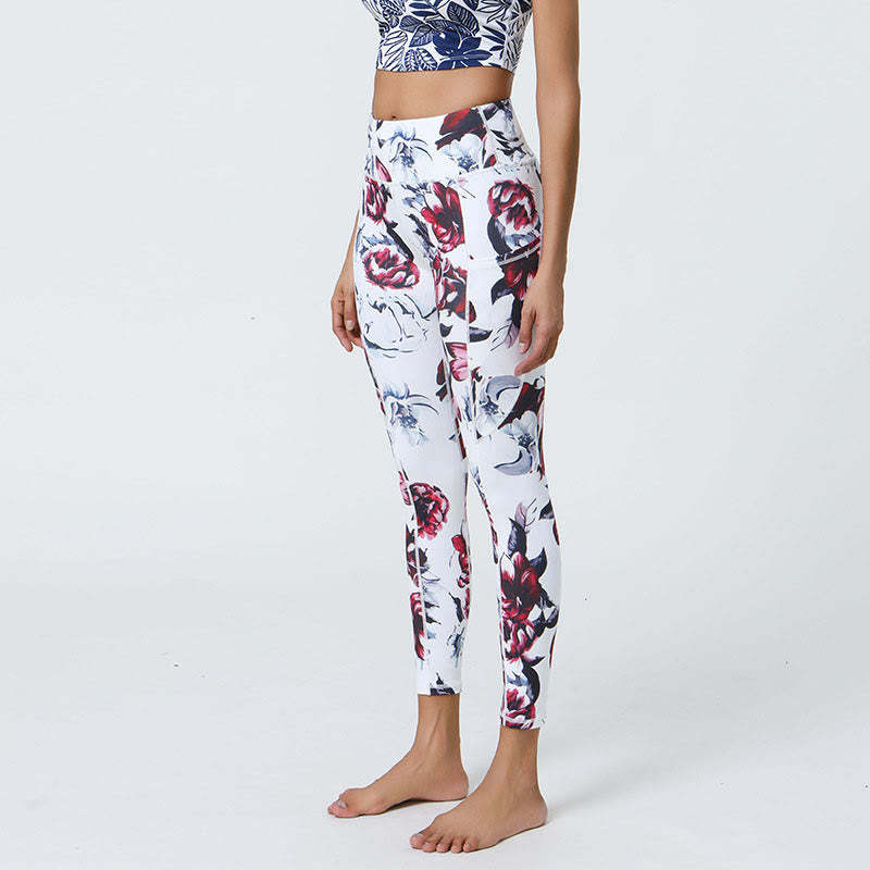 Rose Lines Tiger Leopard Print Sports Fitness High Waist Leggings Women's Yoga Pants With Pockets