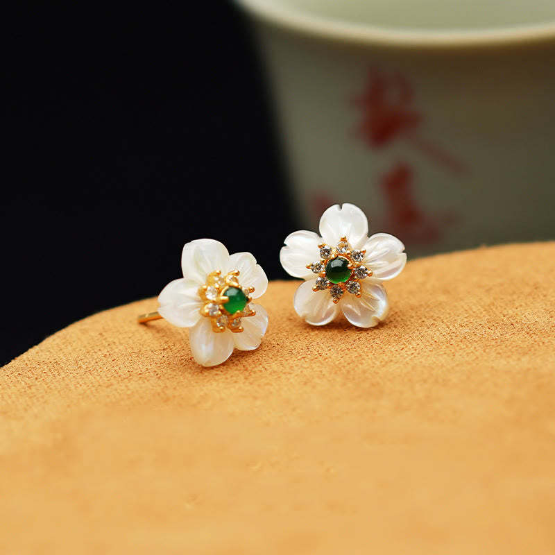 925 Sterling Silver Tridacna Stone Jade Flower Blessing Earrings