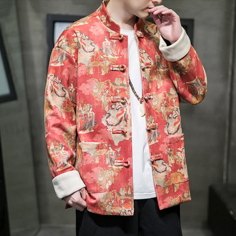 Chinese New Year Clothes Ancient Figure Painting Solid Color Cuff Frog-button Tang Suit Cotton Men's Jacket Shirt With Pockets