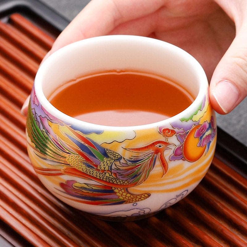 Dragon Phoenix Auspicious Clouds Sun Ocean Waves Ceramic Teacup Kung Fu Tea Cup