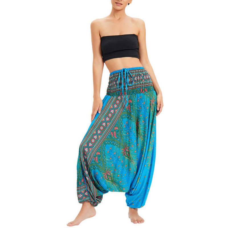 Two Style Wear Peacock Feather Loose Smocked Harem Trousers Jumpsuit High Waist Pants