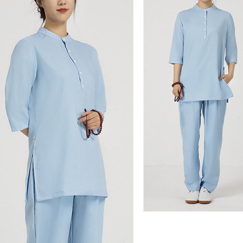 2Pcs Solid Color Three Quarter Shirt Top Pants Meditation Zen Tai Chi Cotton Linen Clothing Women's Set